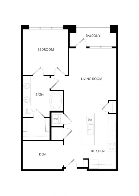 Floor plan for 1 bed, 1 bath, 884 sqft